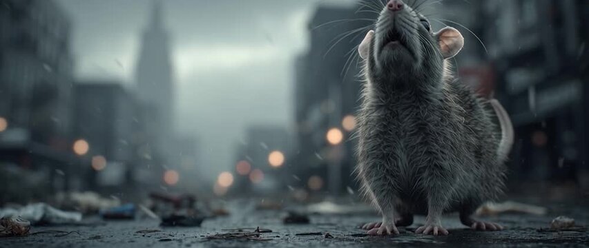 Anamorphic video Dirty rat standing in the middle of an empty city street, symbolic mood of fear and contamination