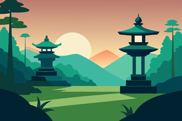 Serene japanese garden with pagodas at sunset