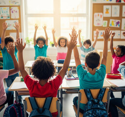 Back View Of Elementary Students Raising Their Arms On A Class