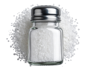  Top-Down View of Salt Shaker with Spilled Salt Crystals Around, Isolated