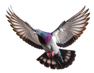 Fototapeta premium Top-Down View of Soaring Pigeon with Multicolored Plumage, Stylized Bird in Motion, Isolated