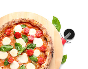 Wooden board with tasty pizza Margarita on white background
