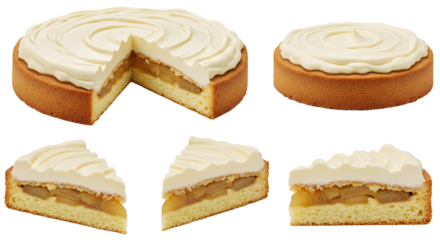 Delicious Apple Cream Pie with Slices and Whole Cake on White Background