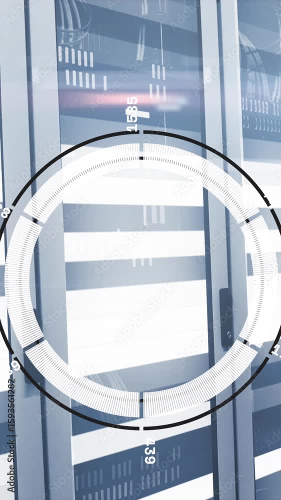 Poster animation of round scanner and light trails against computer server room