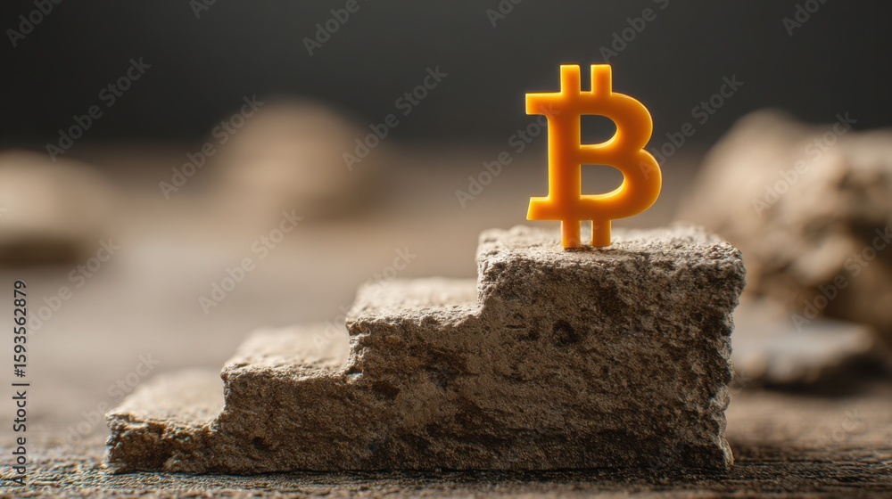Poster bitcoin coin resting on a rock symbolizing stability amidst natural elements and the concept of valu
