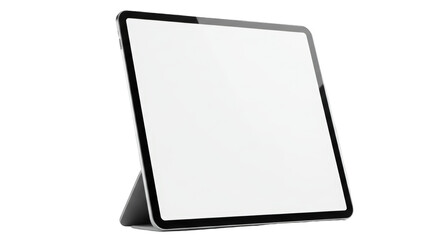 A tablet device with a blank white screen is propped up against a dark gray case, isolated against a white background.