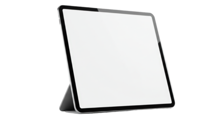 A tablet device with a blank white screen is propped up against a dark gray case, isolated against a white background.