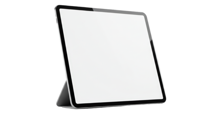 A tablet device with a blank white screen is propped up against a dark gray case, isolated against a white background.