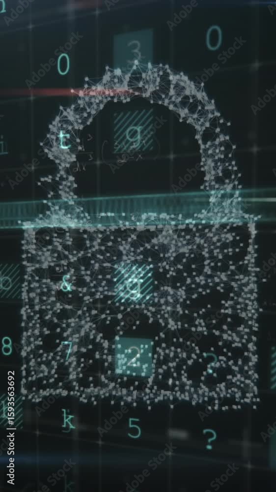 Poster animation of security padlock icon, mathematical equations and cyber security data processing