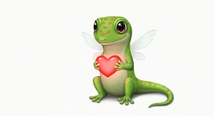 Naklejka premium Adorable gecko fairy holding a heart, a whimsical digital illustration filled with love and charm