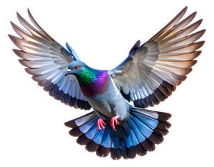 Naklejka premium Vibrant Pigeon in Mid-Flight with Spread Wings, Clear Sky Background, Isolated