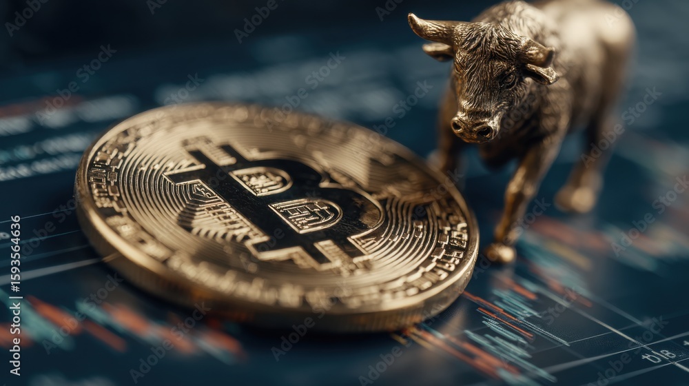 Poster dynamic bull and bitcoin coin illustrating bull flag pattern in technical analysis of cryptocurrency