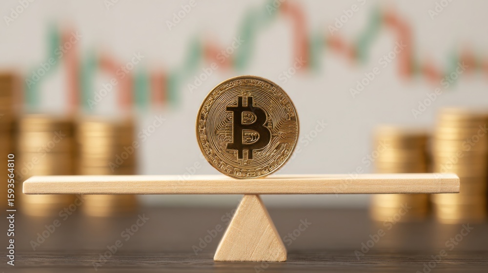 Poster bitcoin coin placed on wooden balance scale illustrating concept of correlation shift in financial m