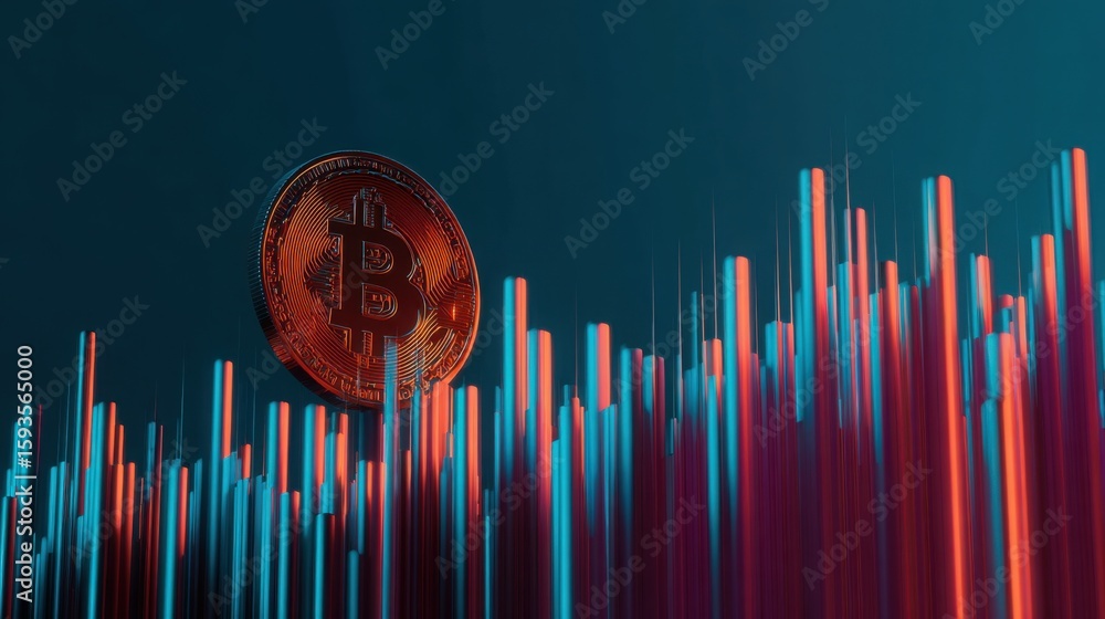 Poster bitcoin coin positioned against a blue background showcasing correlation shift concept in cryptocurr