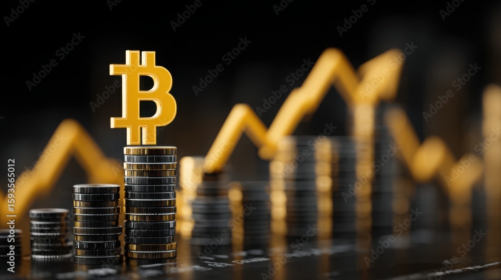 Poster stack of coins with bitcoin symbol on top signifying high-timeframe breakout concept in financial ma