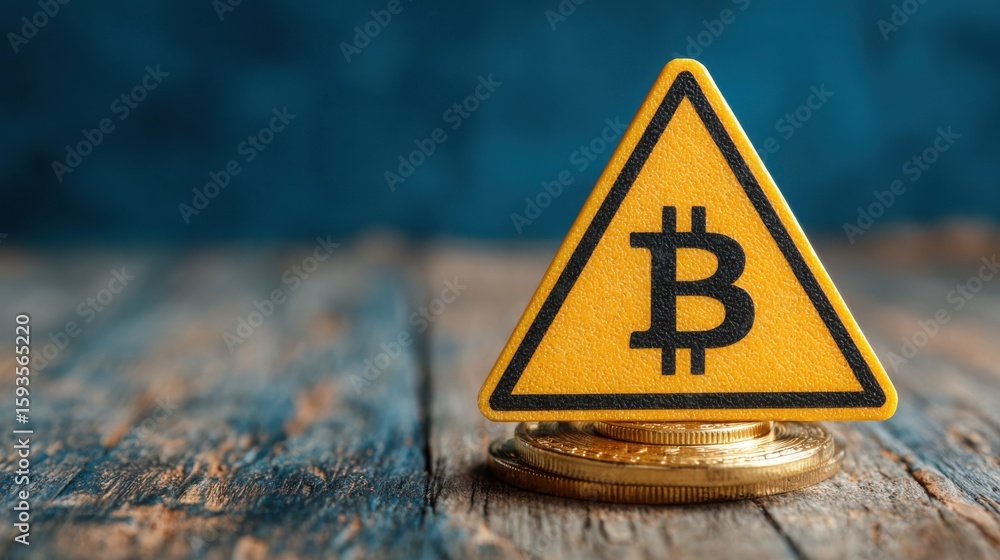 Aufkleber bitcoin sign positioned on a stack of coins representing high volatility warning in cryptocurrency m