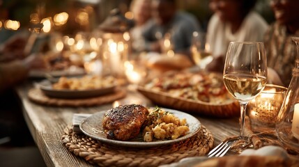 Outdoor dinner party, warm ambiance