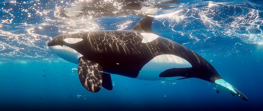 Anamorphic video orca whale swim underwater