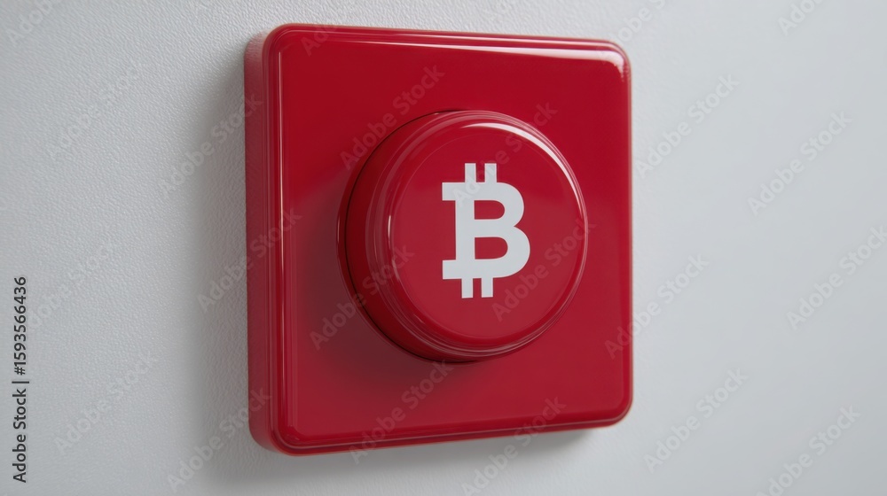Poster red button featuring a bitcoin symbol signifying a new high alert panel for cryptocurrency notificat