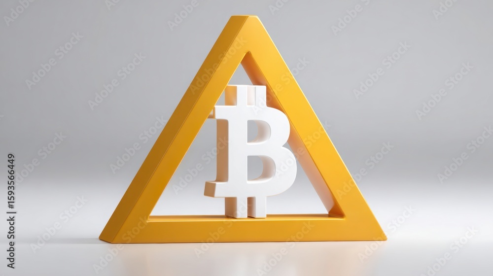 Poster triangle shaped object incorporating a bitcoin representing a new high alert panel for digital curre