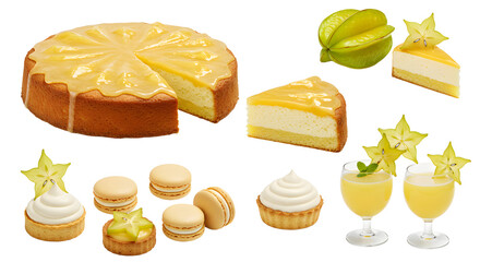 Delicious Tropical Desserts Featuring Cheesecake, Macarons, and Starfruit Garnish
