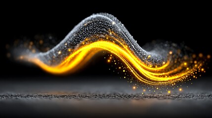 Realistic render of abstract technology particles forming seamless waves with glowing trails and light reflections in motion.