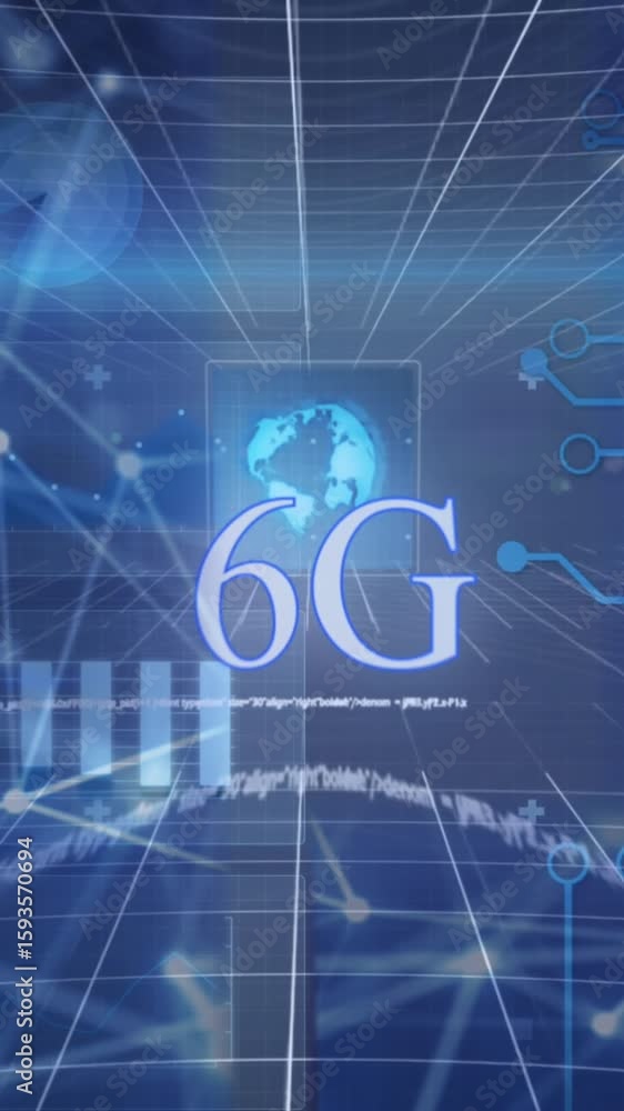 Poster animation of globe, graphs, computer language, loading circles over dots connected with lines