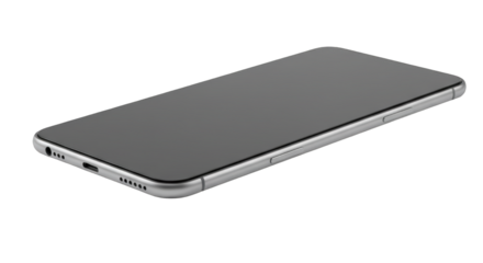 Silver smartphone with a dark screen laying flat on a white surface, angled view showing ports and buttons.