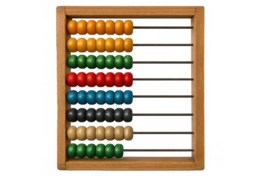 Wooden abacus sliding colorful calculating beads, representing mathematical learning against clear backdrop