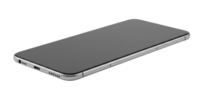 Silver smartphone with a dark screen laying flat on a white surface, angled view showing ports and buttons.