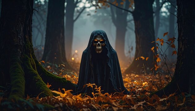 Skull figure in a dark forest - Powered by Adobe
