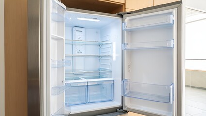 Fototapeta premium Open refrigerator with empty shelves and drawers presents a clean, modern interior view.