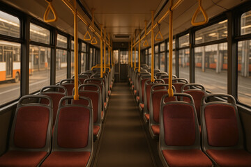 Fototapeta premium Empty Public City Bus Interior With Red Seats And Yellow Handrails At Urban Station