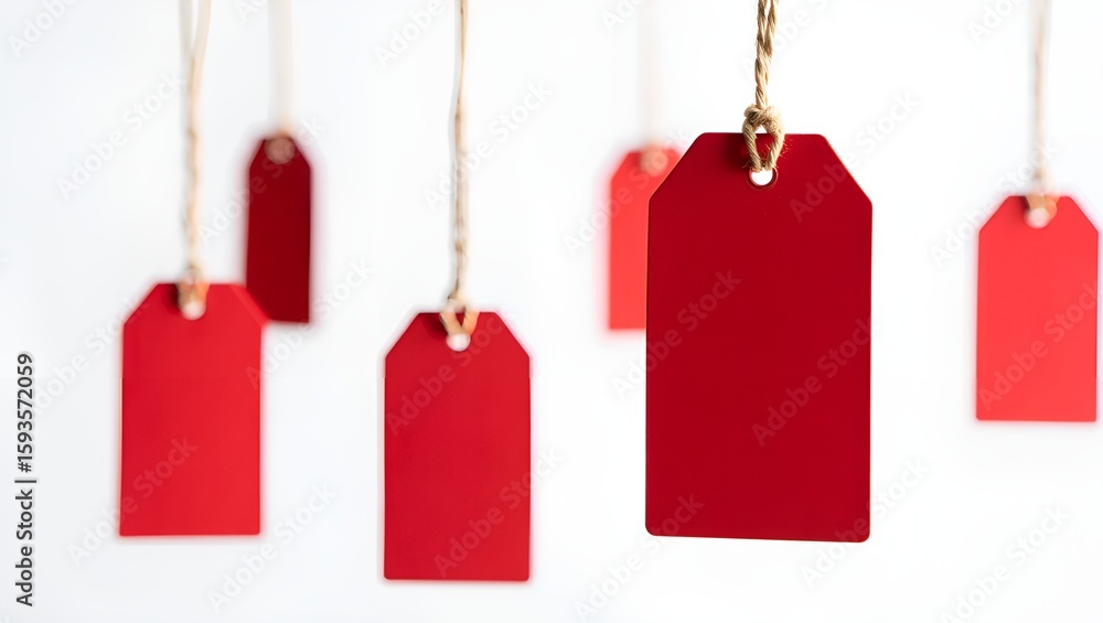 Poster assorted red tags hanging by natural string are captured against a crisp, white backdrop.