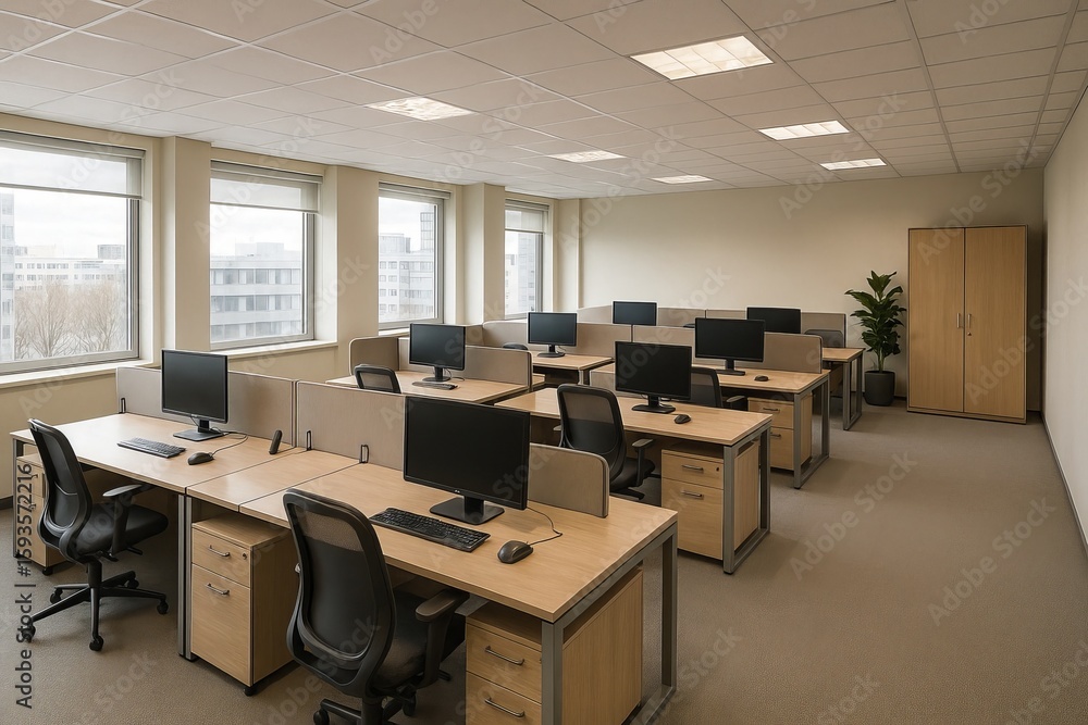 Poster modern empty office space with desks and computers for work