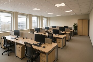 Modern Empty Office Space with Desks and Computers for Work