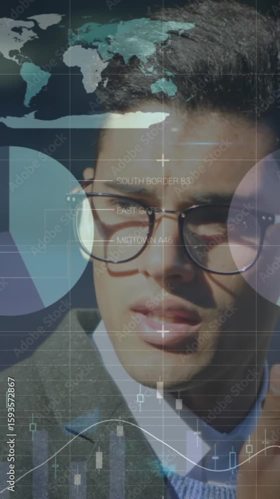 Poster animation of statistical data processing over businessman talking on smartphone on street