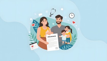 Family Holding Insurance Document with Doctor Tools and Clock on Light Blue Background