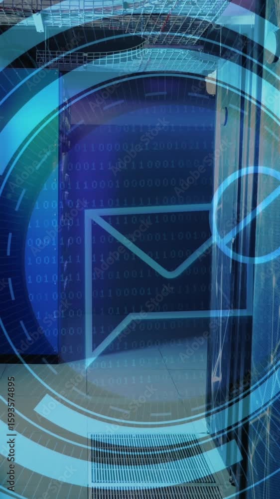 Poster animation of message block icon on round scanner and light trails against computer server room