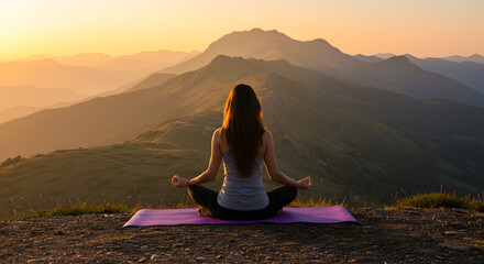 Peaceful woman practicing yoga in nature at sunset on a mountain, embracing mindfulness and tranquility amidst breathtaking scenery
