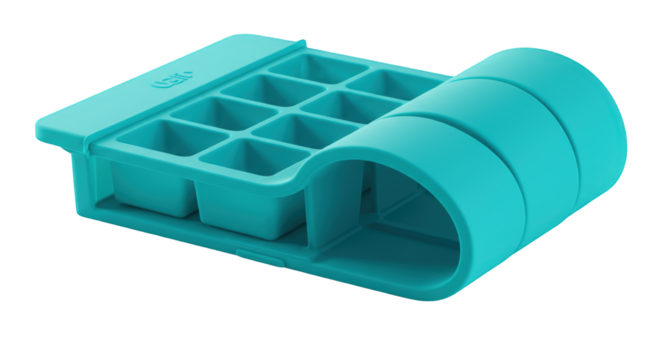 Turquoise silicone ice cube tray with twelve square compartments and a curved handle on a white background.