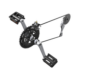 High-Quality 3D Render: Bicycle Drivetrain. Isolated Crankset, Chain, Cassette, Rear Derailleur, Pedals on Transparent HD Background. Perfect for Bike Gear, Speed Control and Cycling Accessory Design.