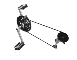 High-Quality 3D Render: Bicycle Drivetrain. Isolated Crankset, Chain, Cassette, Rear Derailleur, Pedals on Transparent HD Background. Perfect for Bike Gear, Speed Control and Cycling Accessory Design.