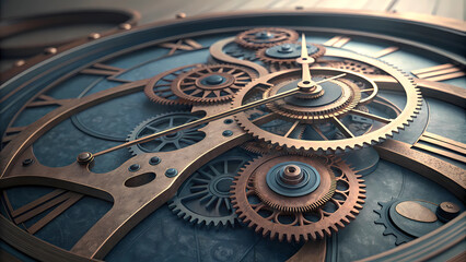 A detailed view of an intricate clockwork mechanism with gears and roman numeral clock face design