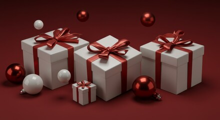 Obraz premium Festive Gift Boxes with Elegant Red Ribbons on Dark Red Backdrop