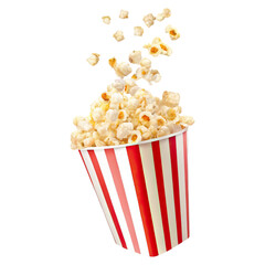 Popcorn bursting from red white striped paper box concept. Delicious popcorn bursting from a classic red and white container.