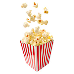 Popcorn bursting from red white striped paper box concept. Delicious popcorn in a classic striped box, perfect for snacking.