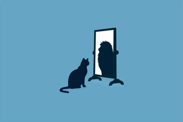 Vector illustration of a black silhouette of a cat sitting in front of a standing mirror, with the reflection showing a proud lion. Minimalist concept with solid color background.