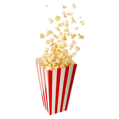 Popcorn bursting from red white striped paper box concept. Delicious popcorn spilling from a classic red and white container.