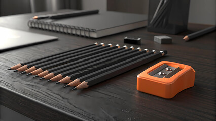 A close up view of pencils and sharpener on a dark wooden desk with notebook and pencil holder behind